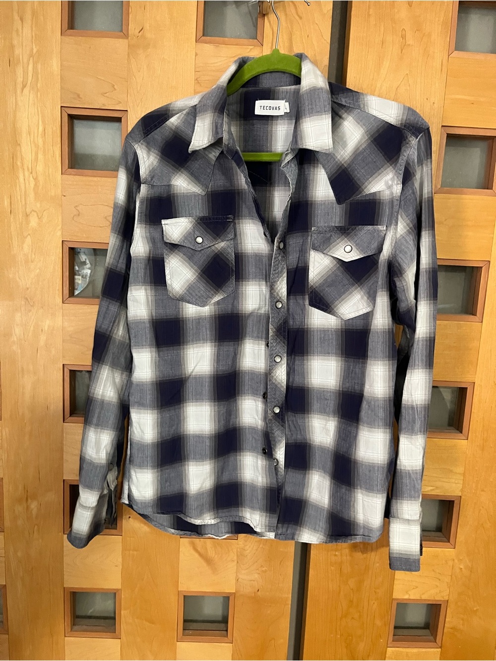 Tecovas Navy and White Plaid Snap  Shirt, M